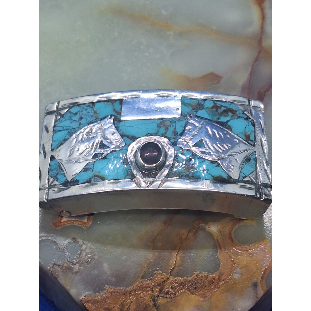 Vintage RSS Mexico 925 Sterling Silver Horse Belt Buckle Turquoise Garnet 46g